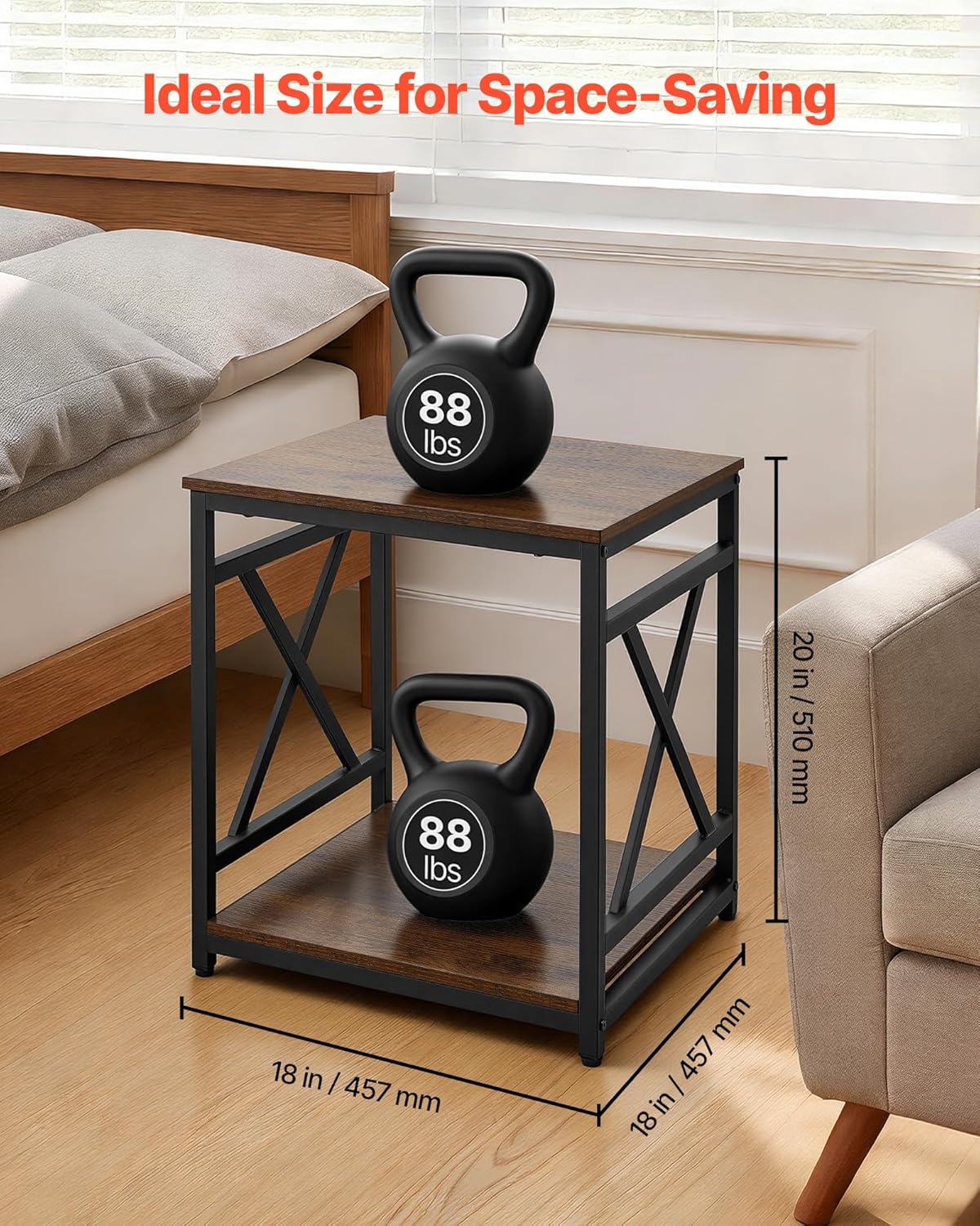 VEVOR End Table 18" Square, 2-Tier Side Table with Open Storage Shelves, Industrial Nightstand Bedside Table with Metal Frame & Wood Top, Small Sofa Table for Living Room, Bedroom, Office, Dorm