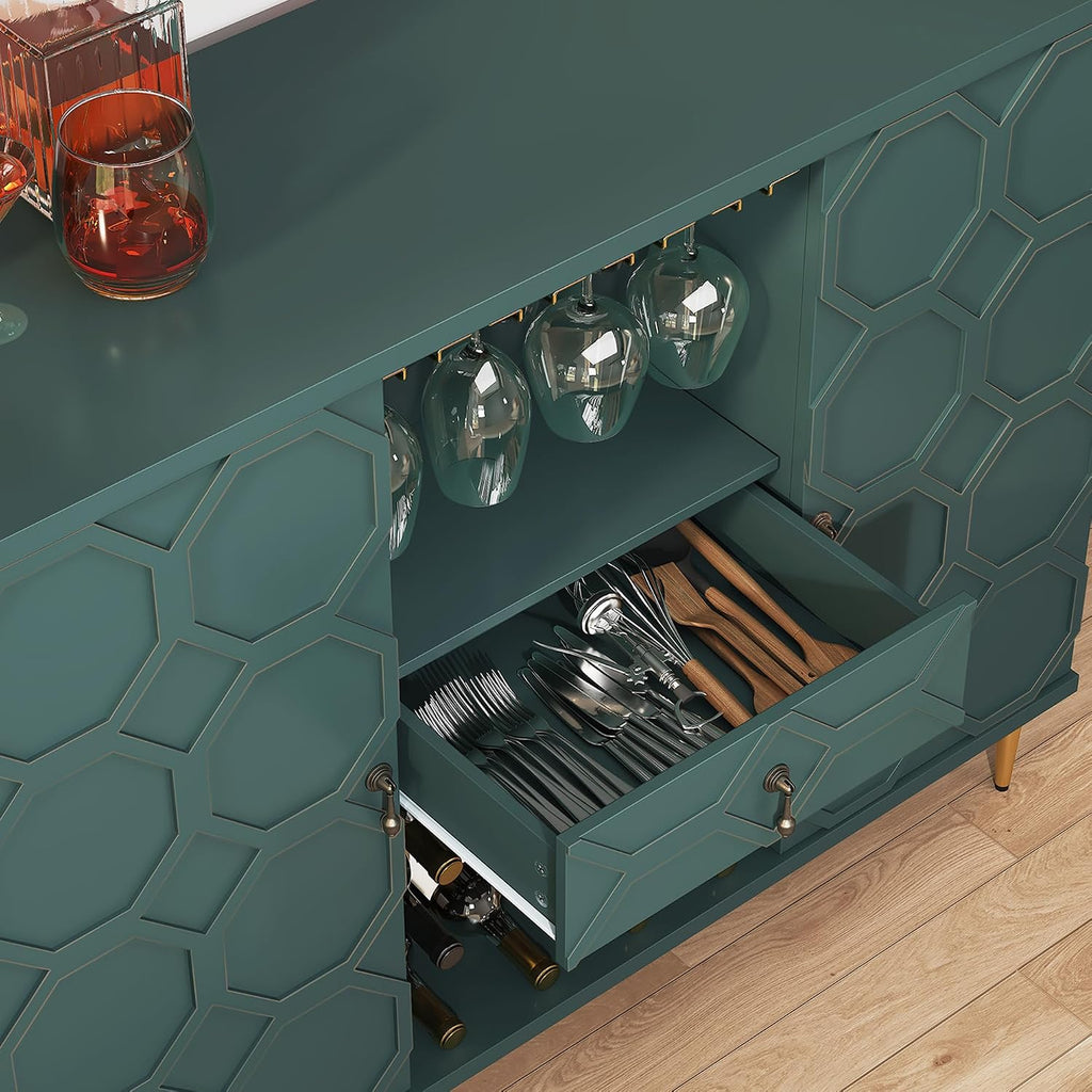 Modern Bar Cabinet with Drawer, Liquor Cabinet with Wine Glass Racks and Shelves, Geometric Door Buffet Sideboard for Dining Room, Living Room, Kitchen, Green