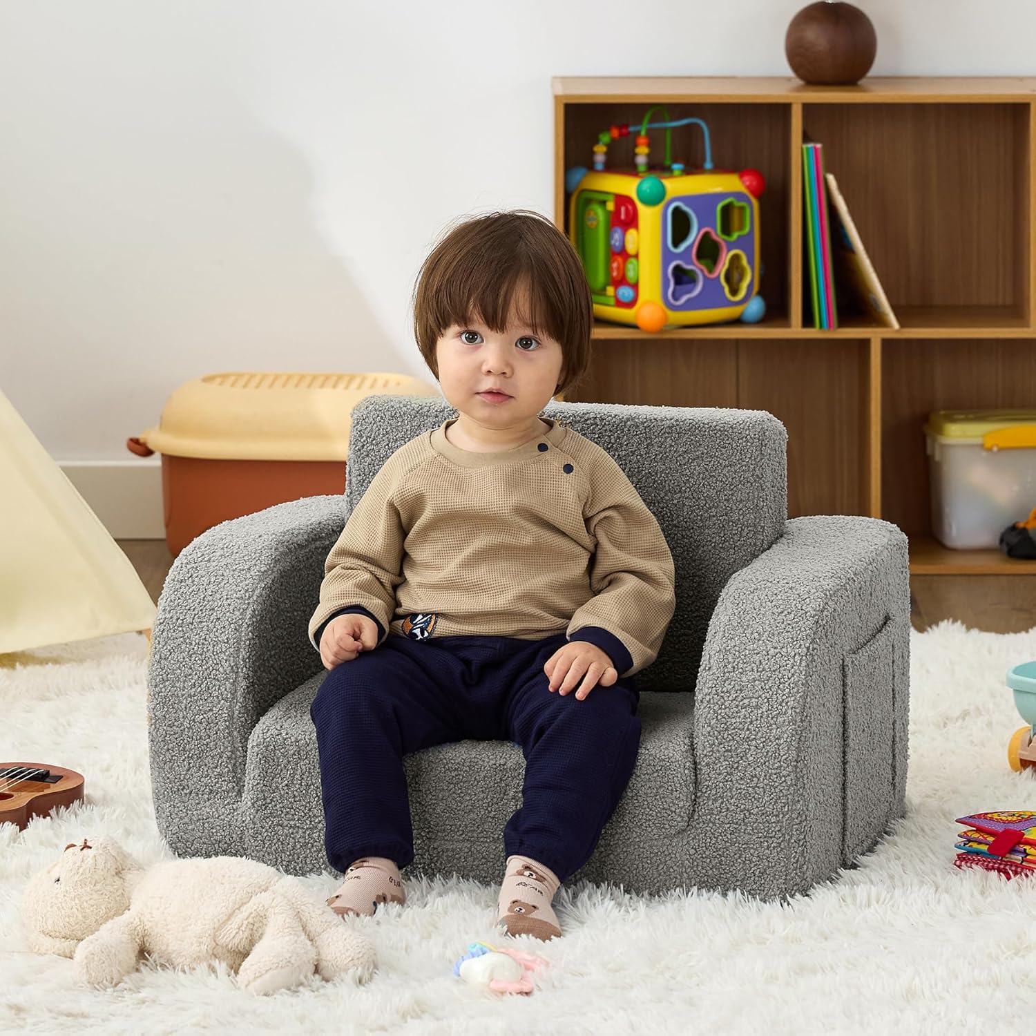 Toddler Couch, 2-in-1 Toddler Chairs Comfy 1-3 Years Old, Toddler Chair for Girls and Boys, Kids Couch Bed Fold Out, Convertible Baby Sofa to Lounge Chair for Playing, Reading, Napping, Grey