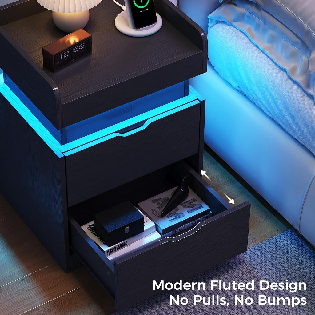 Nightstand with Charging Station and LED Lights, Night Stand with Sliding Top, Modern End Side Table with 2 Drawers, Bedside Table for Bedroom, Living Room, Office, Black