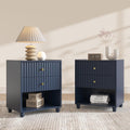 22 inch Tall Blue Nightstand Set of 2, Fluted Bedside Table with 2 Drawers and Open Shelf, Small End Table with Gold Handle for Bedroom (2, Blue)