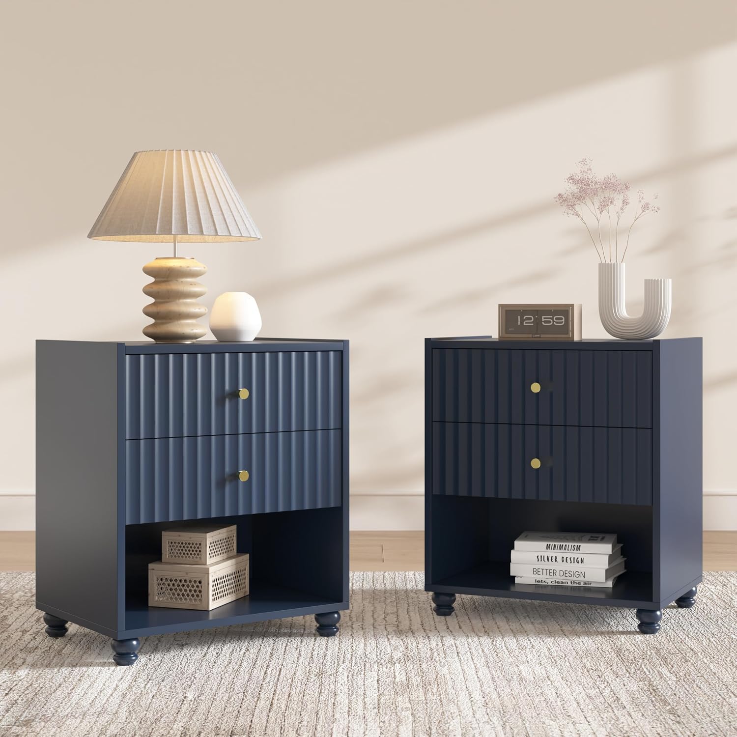 22 inch Tall Blue Nightstand Set of 2, Fluted Bedside Table with 2 Drawers and Open Shelf, Small End Table with Gold Handle for Bedroom (2, Blue)