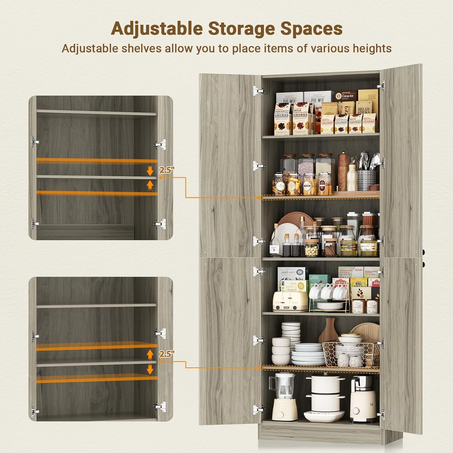 Cyclysio 80" Kitchen Pantry Cabinet with 3 Drawers, 47" Wide Arched Kitchen Storage Cabinets with 3-Tier Open Shelves, Wood Floor Cupboard with Seamless Fit Wall for Living Room, Kitchen, Bathroom