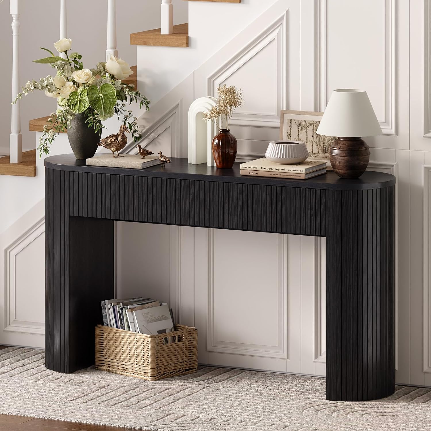 55 Inch Console Table with 2 Drawers, Entryway Tables with Storage,Black | Fluted Sofa Table Behind The Couch, Hallway Tables, Mid-Century Modern Foyer Table for Entryway, Hallway, Living Room