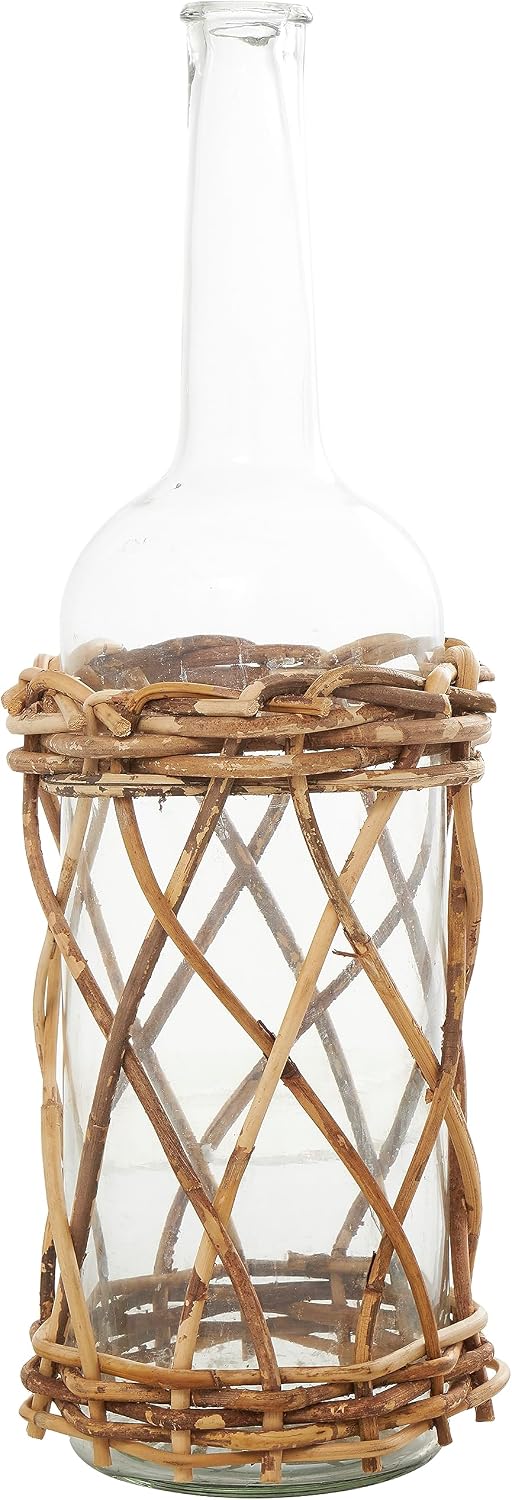 Deco 79 Glass Handmade Decorative Vase Tall Centerpiece Vase with Brown Rattan Woven Lower Body, Flower Vase for Home Decoration 8" x 8" x 23", Clear