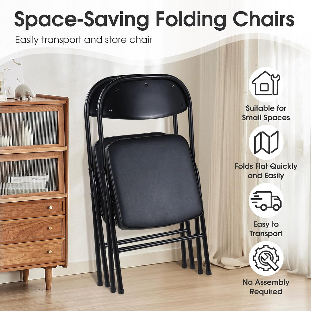 HOMEFUN Padded Folding Chairs Set of 4, Folding Chairs with Cushion and Durable Metal Frame，No Assemble Required for Party Kitchen Office Wedding Black