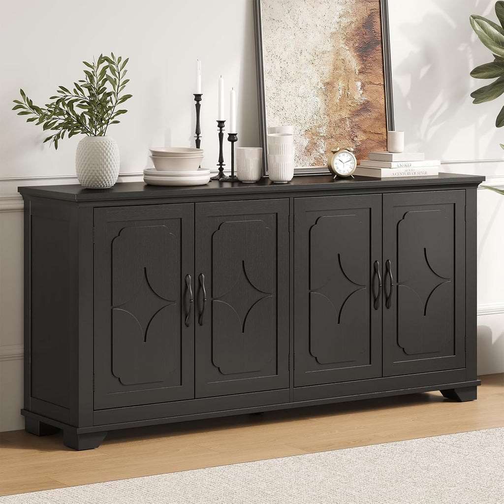 ONBRILL 63 Inch Buffet Cabinet with Storage, Large Sideboard Cabinet with 4 Carved Doors, Modern Credenza Storage Cabinets w/Adjustable Shelves for Kitchen, Living Room, Black