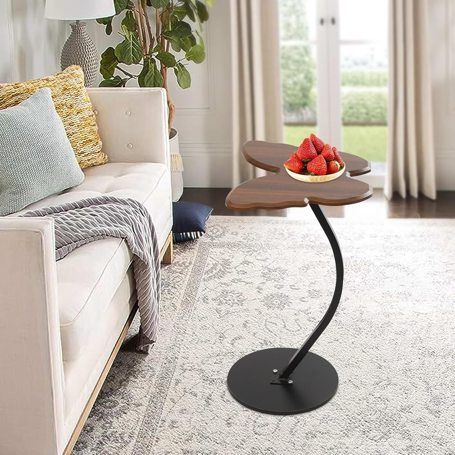 C-Shaped End Table, Butterfly Shaped Sofa Side Table with Metal Frame, Modern Accent Coffee Bedside End Table for Living Room Bedroom Office