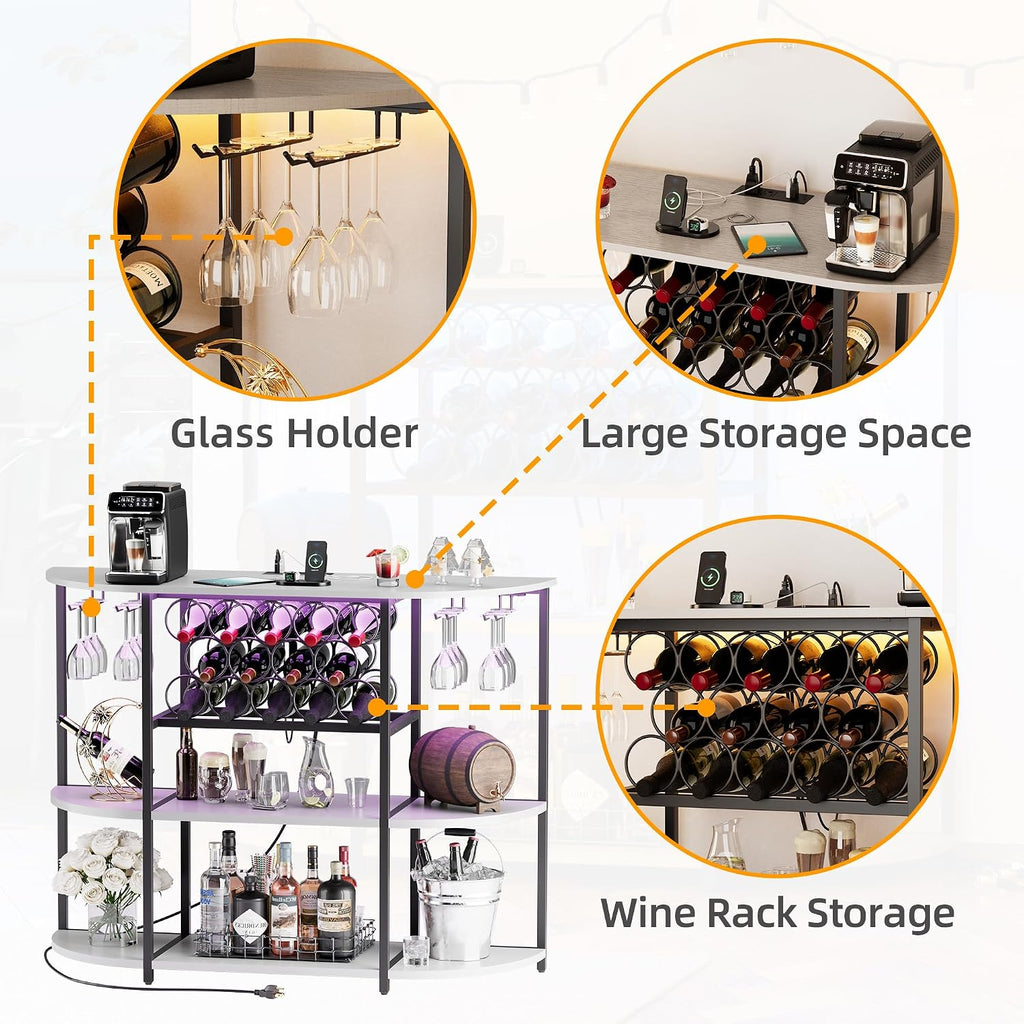 VICTONE Wine Bar Cabinet with LED Lights and Power Outlets, Freestanding Coffee Liquor Bar Cabinet with Glass Holder, Wine Rack Table for Home Kitchen Dining Room (White)