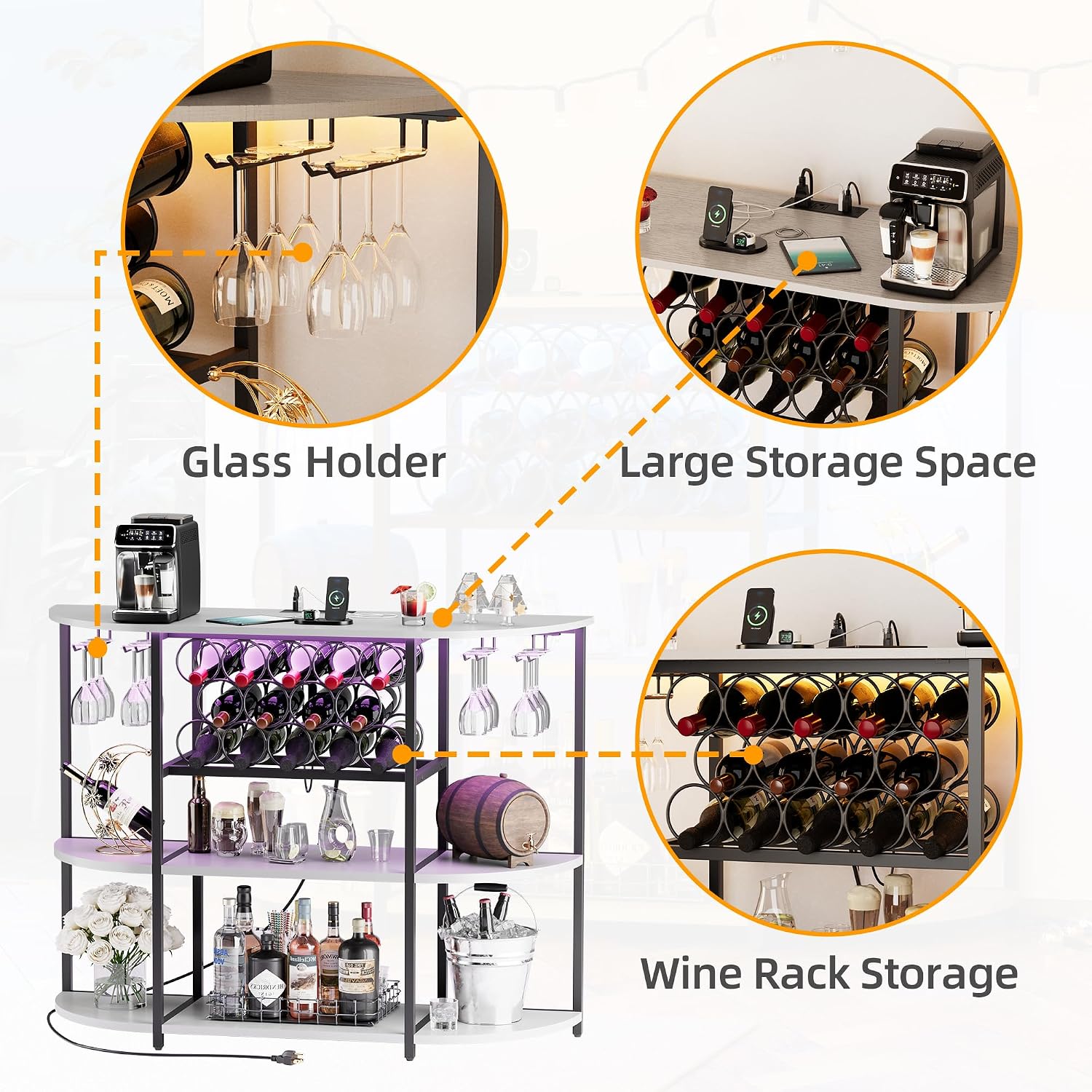 VICTONE Wine Bar Cabinet with LED Lights and Power Outlets, Freestanding Coffee Liquor Bar Cabinet with Glass Holder, Wine Rack Table for Home Kitchen Dining Room (White)