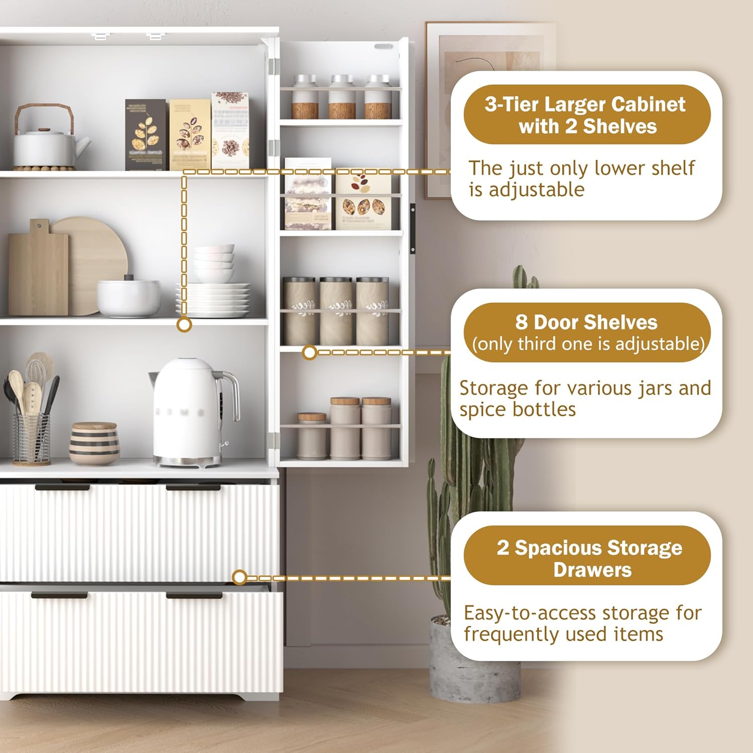 Polibi 72" Freestanding Fluted Kitchen Pantry Cabinet with 2 Large Drawers & 8-Door Spice Rack, Storage Organizer for Dining Room, Office, Entryway, or Hallway (White)