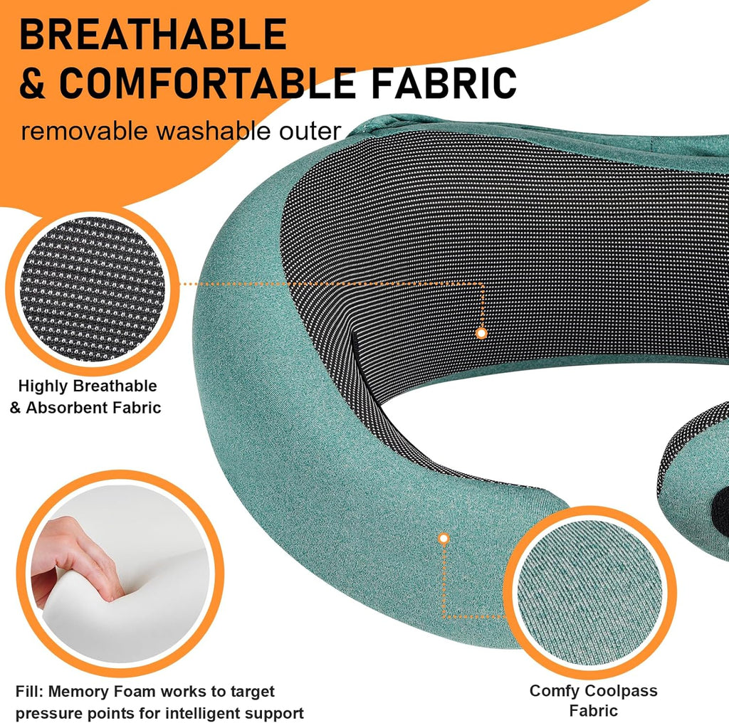Travel Pillow - Hooded Neck Pillow Airplane Memory Foam Filling for Plane, Office, Cars Sleeping, Road Trip, Long Flights, Airplane Travel Essentials, Includes Eye Mask & Earplugs (Green)