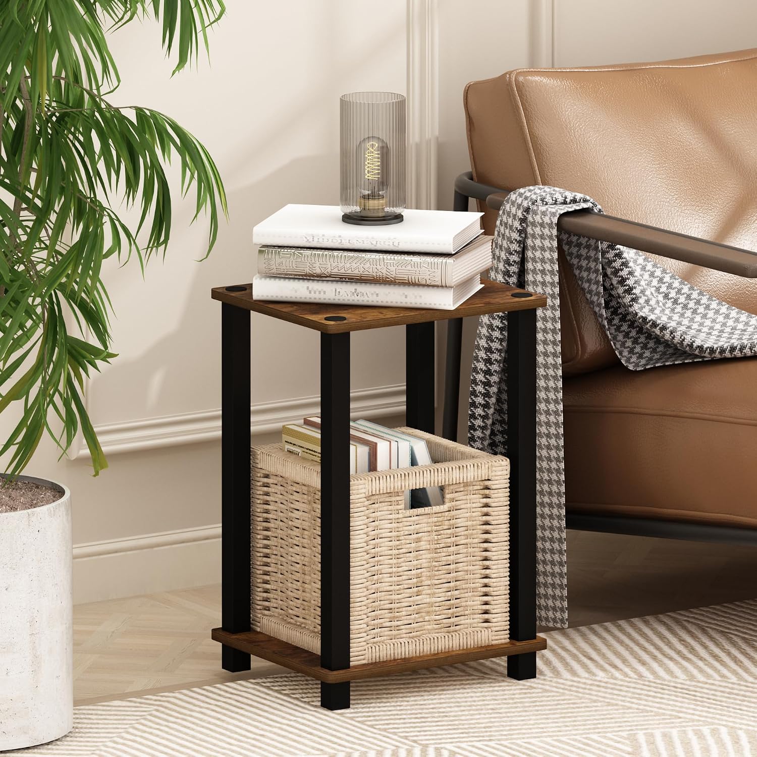 Furinno Simplistic Toolless Assembly Side Table, Rustic Brown 2-Tier End Table, Open Shelf Night Stand, Bedside Table for Living Room, Bedroom, Home Office, Amber Oak/Black