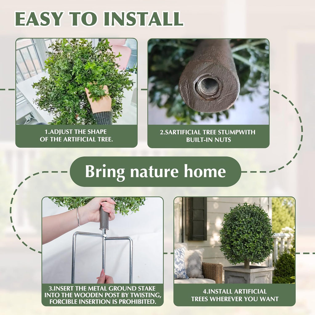Artificial Boxwood Topiary Trees Outdoor Set of 2, UV Resistant Faux Outdoor Plants with Metal Ground Stakes, Evergreen Boxwood Ball Bushes for Front Porch Patio Garden Entryway Decor