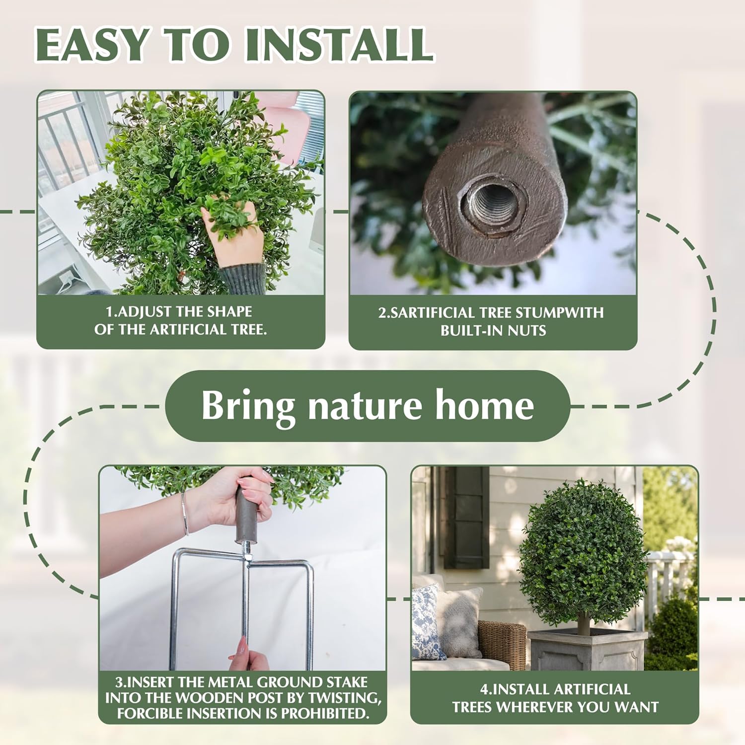 Artificial Boxwood Topiary Trees Outdoor Set of 2, UV Resistant Faux Outdoor Plants with Metal Ground Stakes, Evergreen Boxwood Ball Bushes for Front Porch Patio Garden Entryway Decor