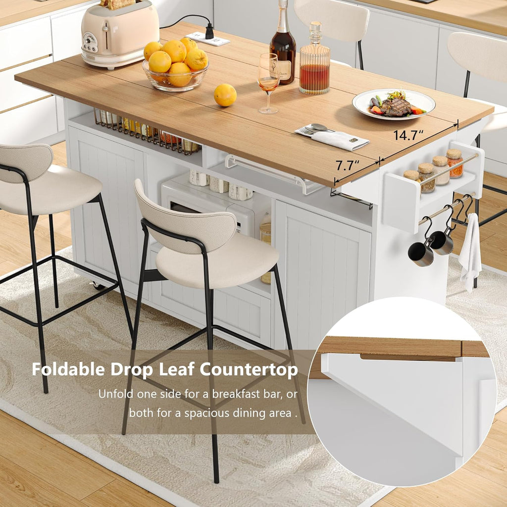 Einhomn 65" Kitchen Island with Power Outlet & Drop Leaf, Island Table for Kitchen with Trash Can Storage, Mobile Rolling Kitchen Islands on Wheels with Spice Rack, Towel Rack & 4 Side Hooks, White