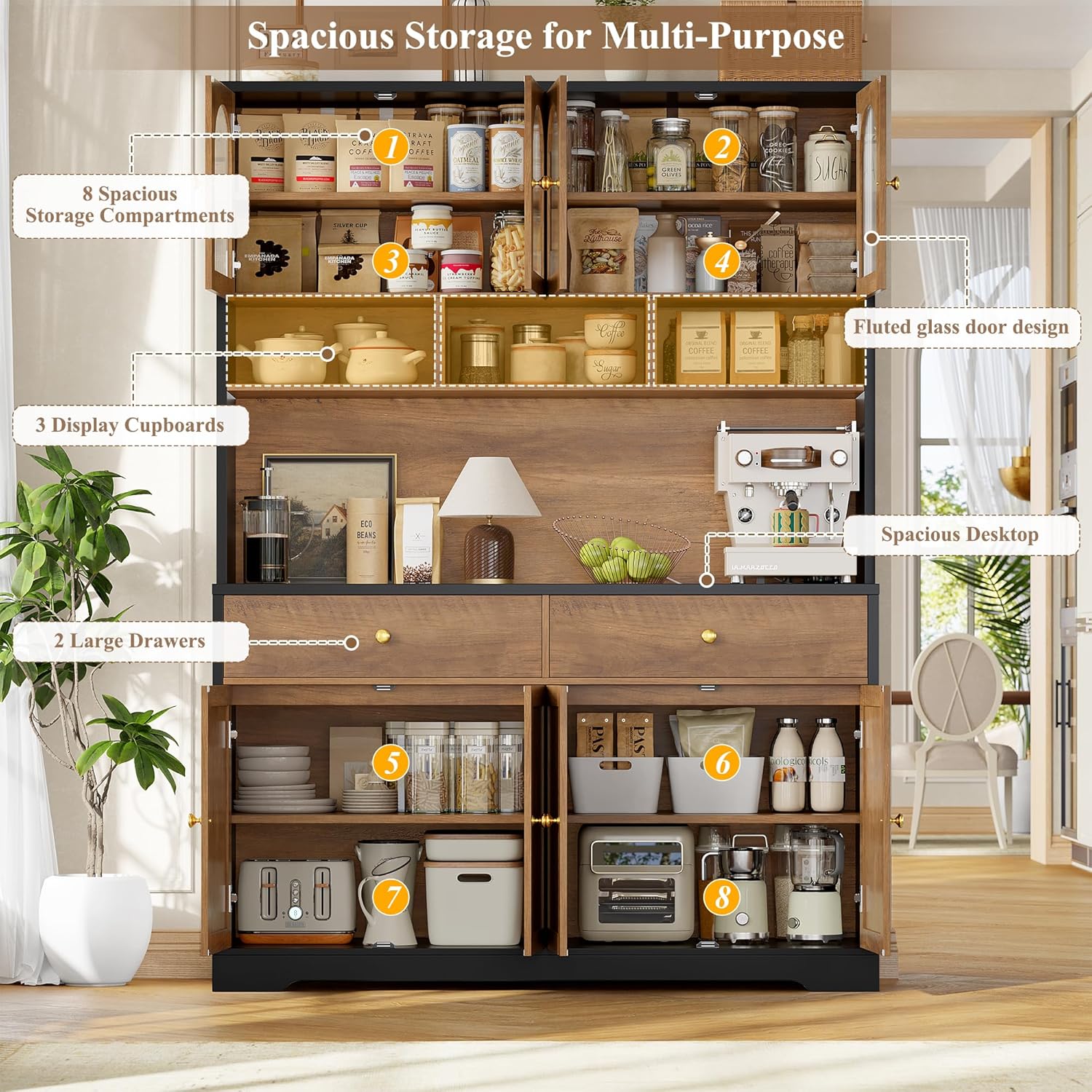 FINETONES 71" Pantry Cabinet, Tall Kitchen Pantry Storage Cabinet with Charging Station, 47.2" Wide Kitchen Hutch Food Storage Cabinets with Open Countertop for Dining Room, Black/Brown
