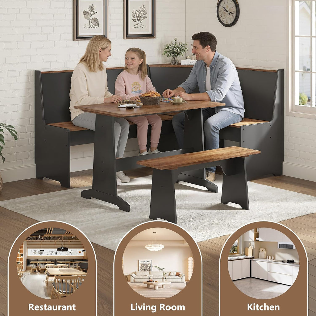LUXOAK 3-Piece Corner Dining Set with Hidden Storage, Black Oak | Breakfast Nook, L-Shaped Corner Bench, Hidden Storage, Space Saving Design for Small Space, Kitchen Dining Room Furniture