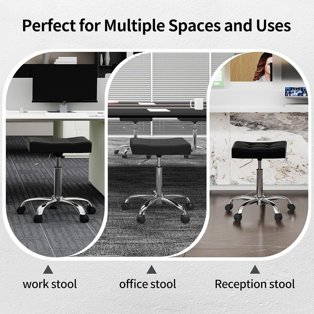 FIRAVOE Office Stool with Wheels (300lbs Capacity) (Adjustable Height 17-21 inch) Black Faux Leather Workbench Stool (Black)