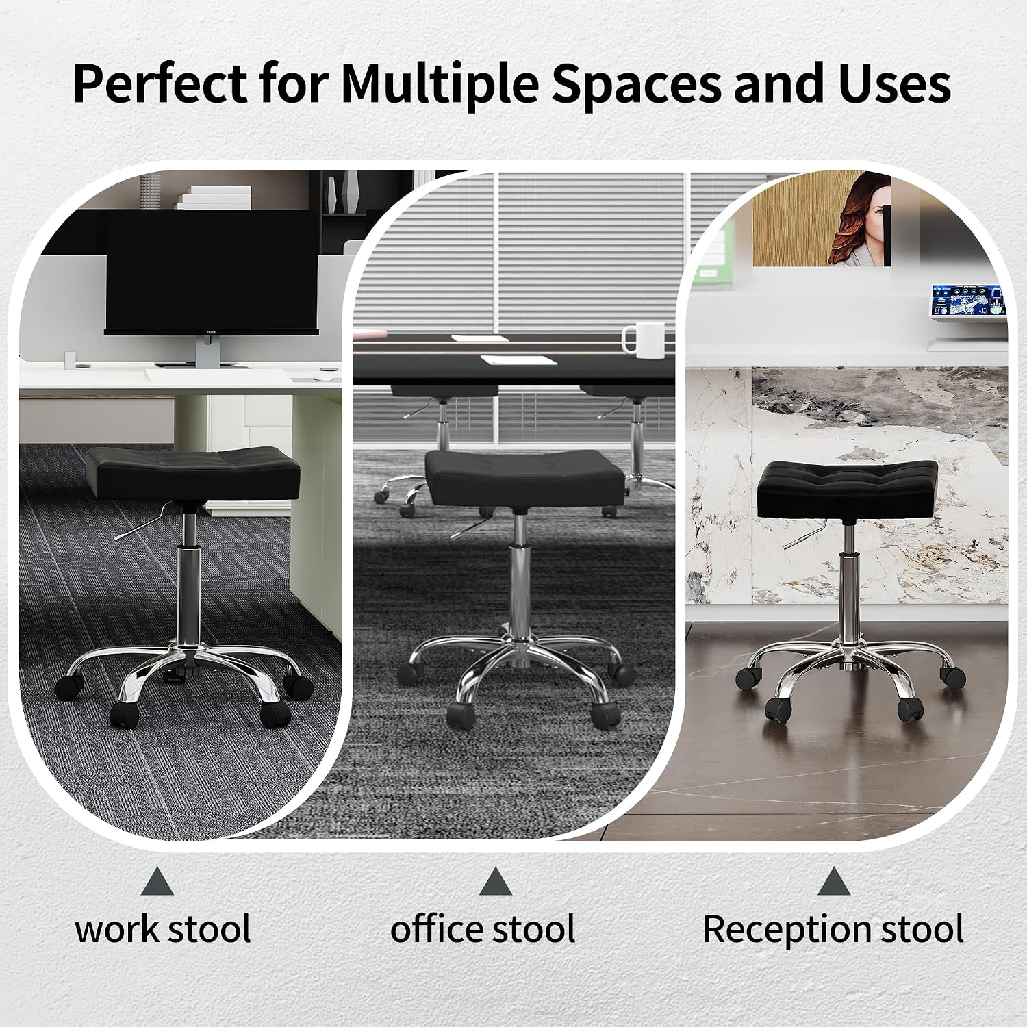 FIRAVOE Office Stool with Wheels (300lbs Capacity) (Adjustable Height 17-21 inch) Black Faux Leather Workbench Stool (Black)