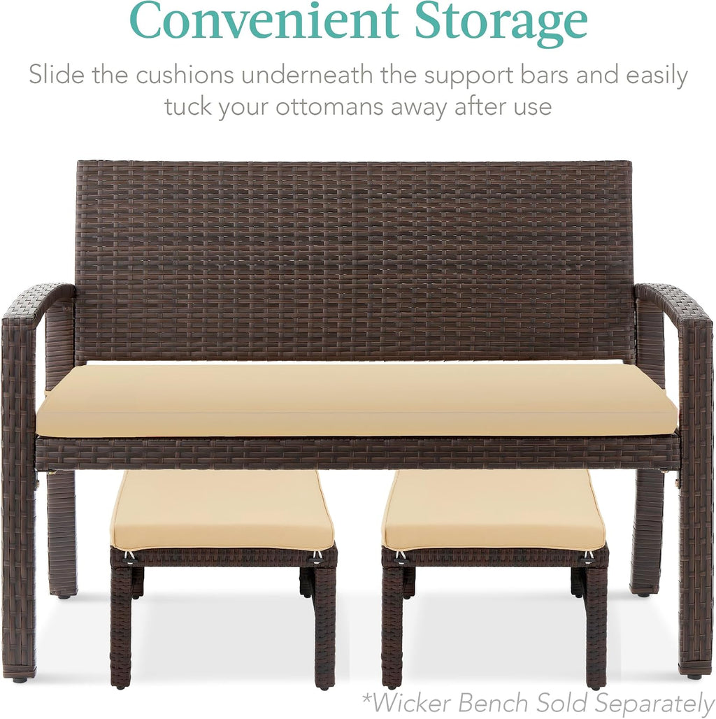 Best Choice Products Set of 2 Wicker Ottomans, Multipurpose Outdoor Furniture for Patio, Backyard, Additional Seating, Footrest, Side Table w/Removable Cushions, Steel Frame - Brown/Tan