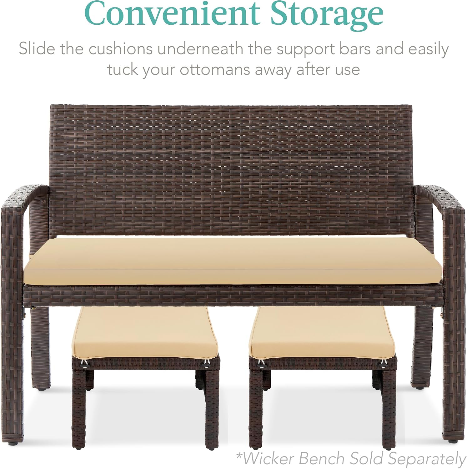 Best Choice Products Set of 2 Wicker Ottomans, Multipurpose Outdoor Furniture for Patio, Backyard, Additional Seating, Footrest, Side Table w/Removable Cushions, Steel Frame - Brown/Tan