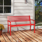 Tangkula 50 Inches Outdoor Garden Bench, Metal Patio Park Bench with Geometric Lattice Backrest, Armrests and Slatted Seat, Outdoor Loveseat Chair for Porch, Lawn and Yard (Red)