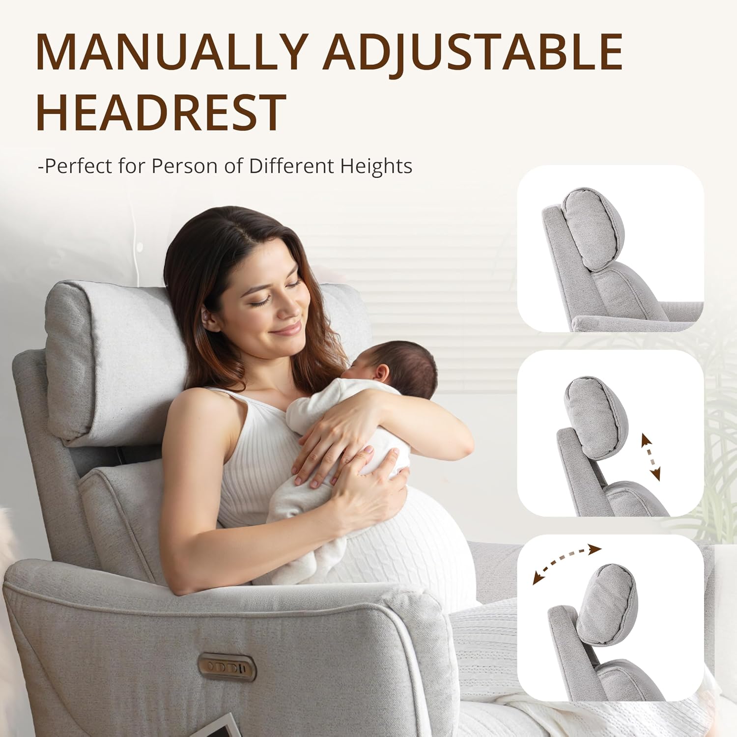 Power Rocking Chair Nursery Glider Recliner with Adjustable Headrest, Dual Motor Chenille Swivel Rocker Recliner Chair with USB Port and Storage Bags, FSC, CertiPUR-US® Certified, Crockery Grey
