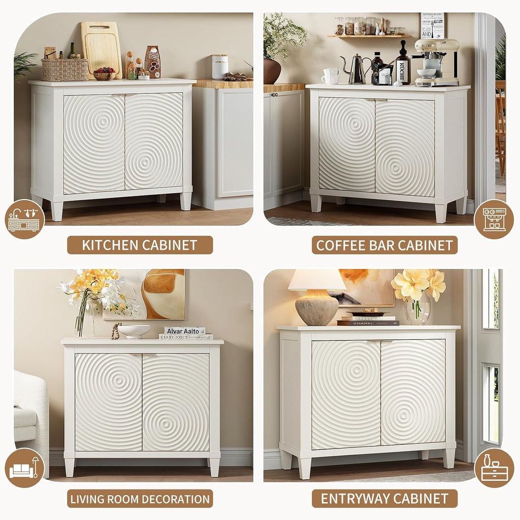 40" Coffee Bar Cabinet with Shelf, Craft Storage Cabinet with Doors, Wood Cabinet, Charming Carved Motif, Entry Way Cabinet with Storage, Sideboard Buffet for Living Room (Annual rings, White)