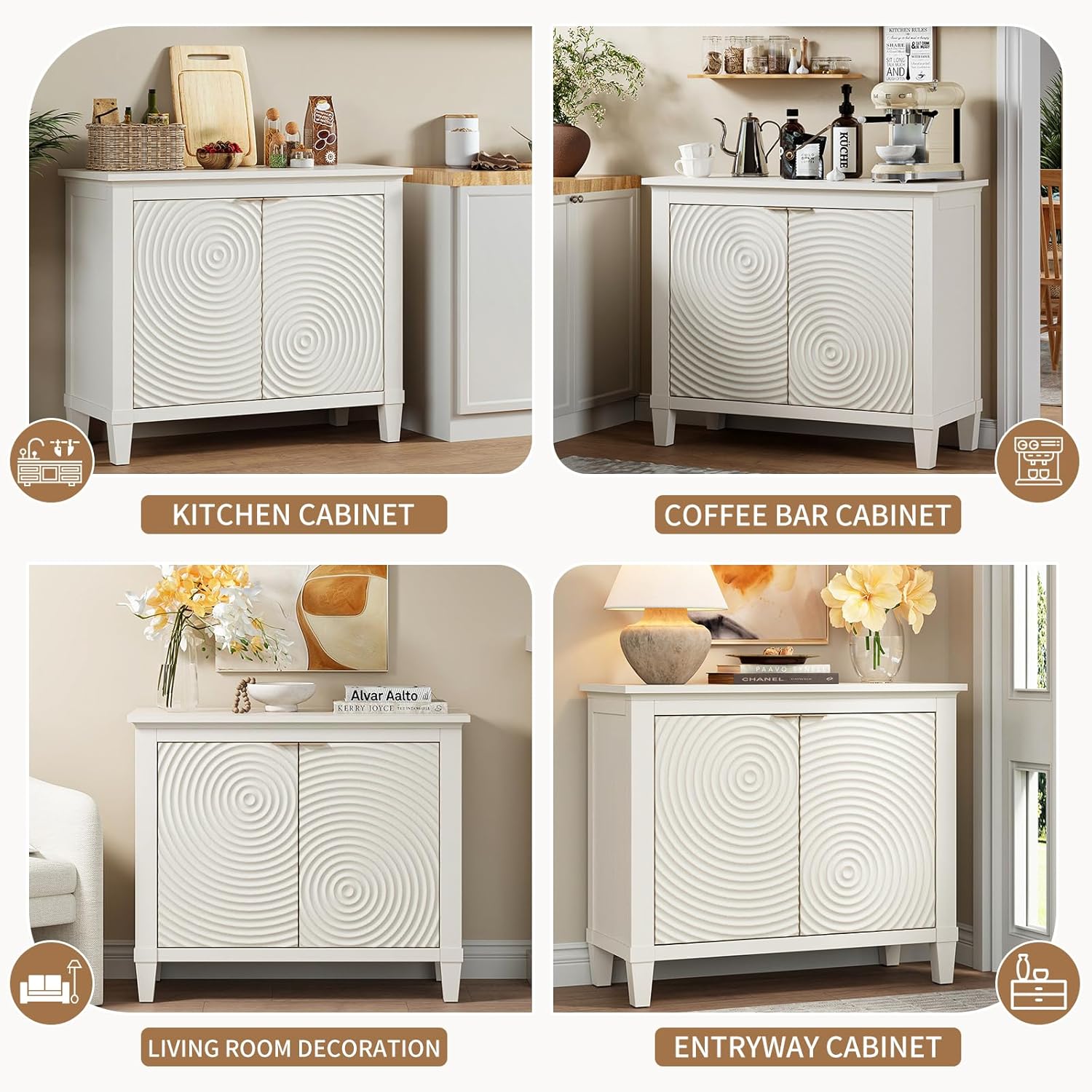 40" Coffee Bar Cabinet with Shelf, Craft Storage Cabinet with Doors, Wood Cabinet, Charming Carved Motif, Entry Way Cabinet with Storage, Sideboard Buffet for Living Room (Annual rings, White)