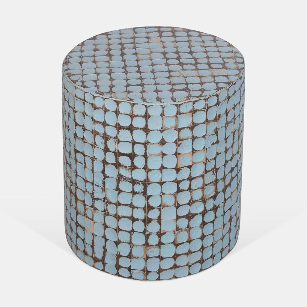 East at Main Boho Side Table Nightstand, Blue Coconut Shell End Table, Handcrafted Accent Furniture for Living Room, Bedroom, or Entryway, Coastal Rustic Decor, Small Round Accent Table