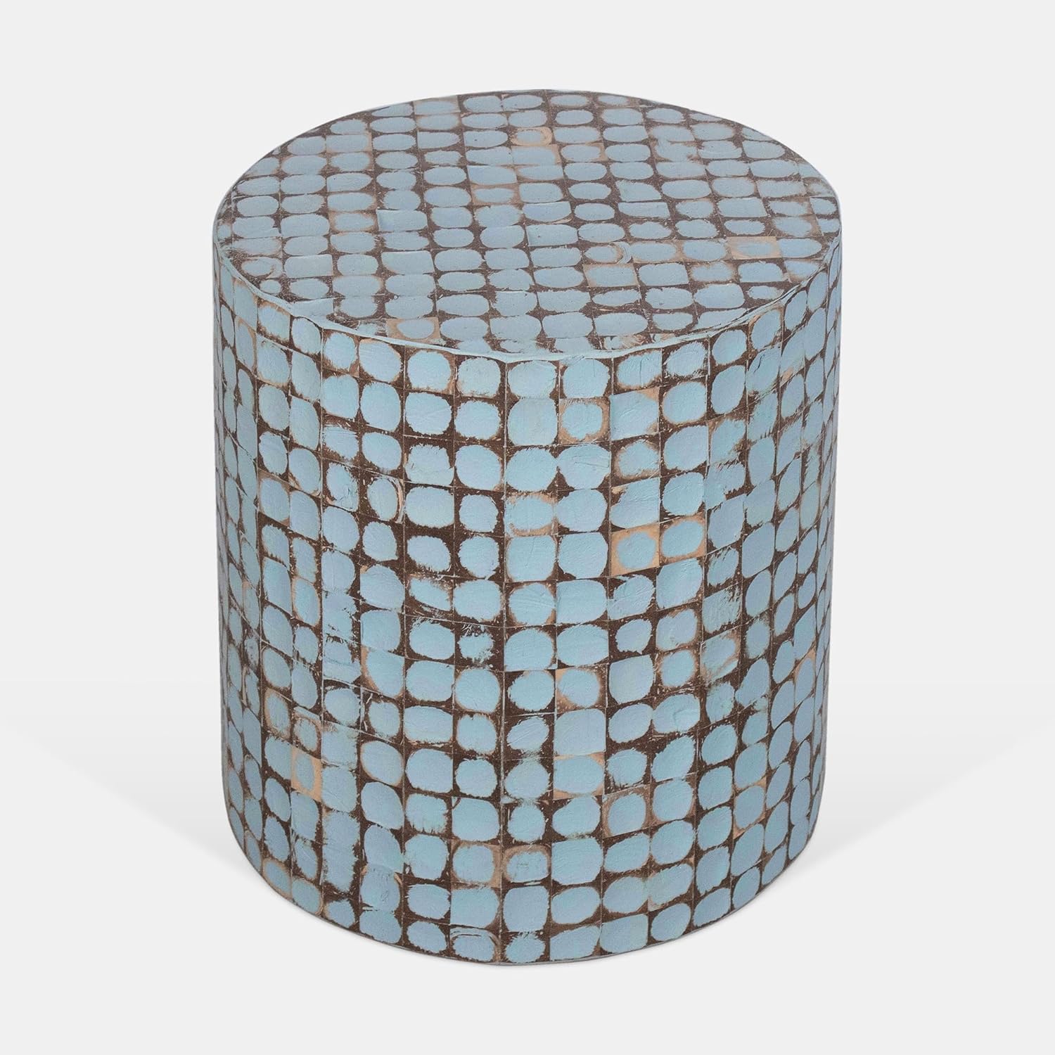 East at Main Boho Side Table Nightstand, Blue Coconut Shell End Table, Handcrafted Accent Furniture for Living Room, Bedroom, or Entryway, Coastal Rustic Decor, Small Round Accent Table