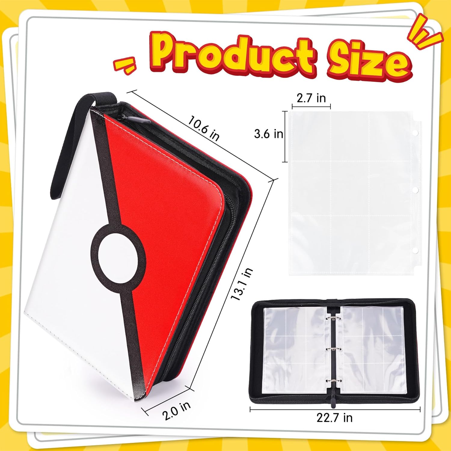 Card Binder – 9 Pocket Zipper Collection Album, Premium PU Holder, Double-Sided Display for 900 Cards, Includes 5 Hard Plastic Sleeves for Game Cards, Sports Cards
