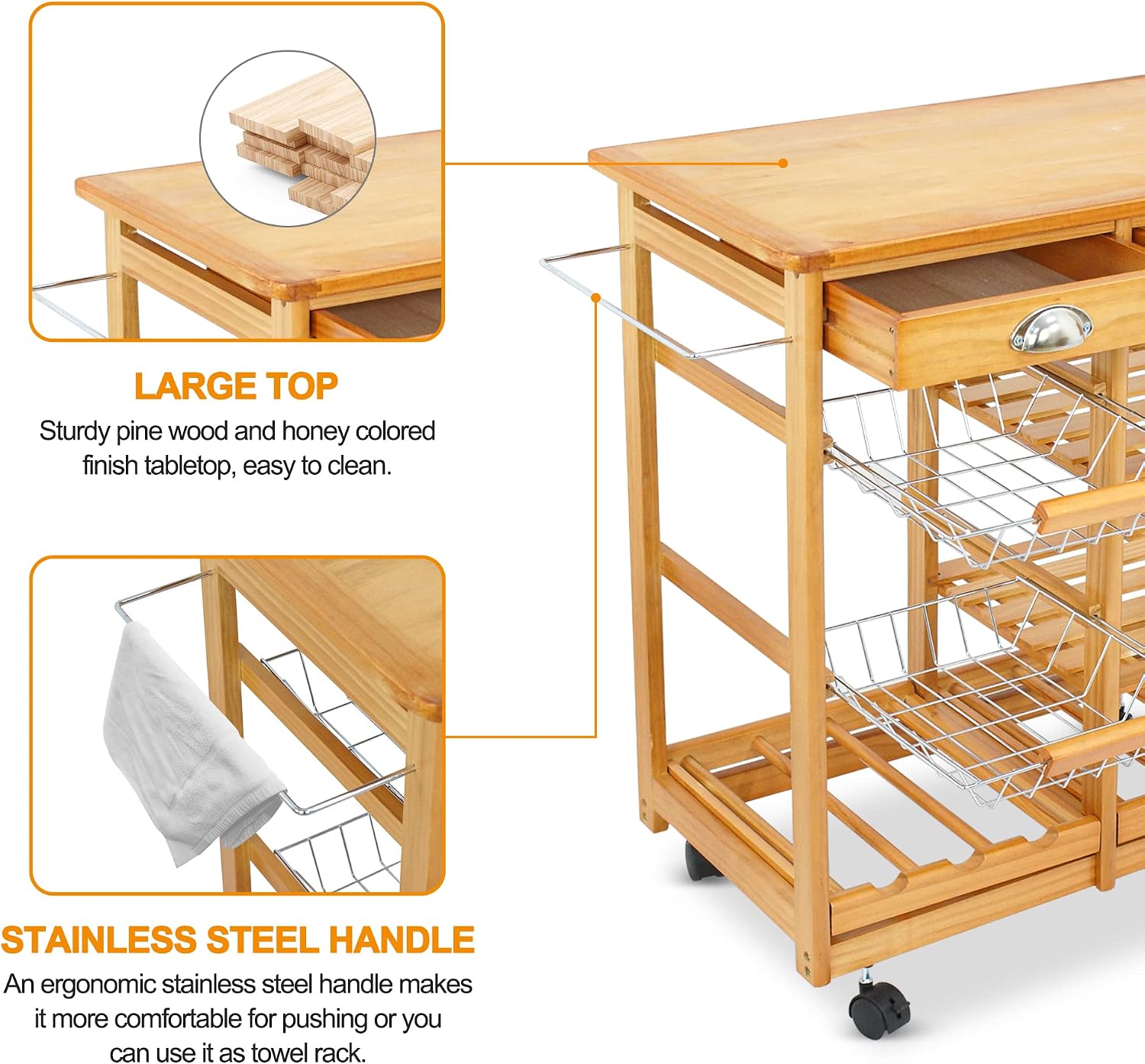 Nova Microdermabrasion Kitchen Island Cart with Storage, Rolling Side Table on Wheels with 2 Drawers, 3 Shelves, Lockable Casters for Dining Room, Bar