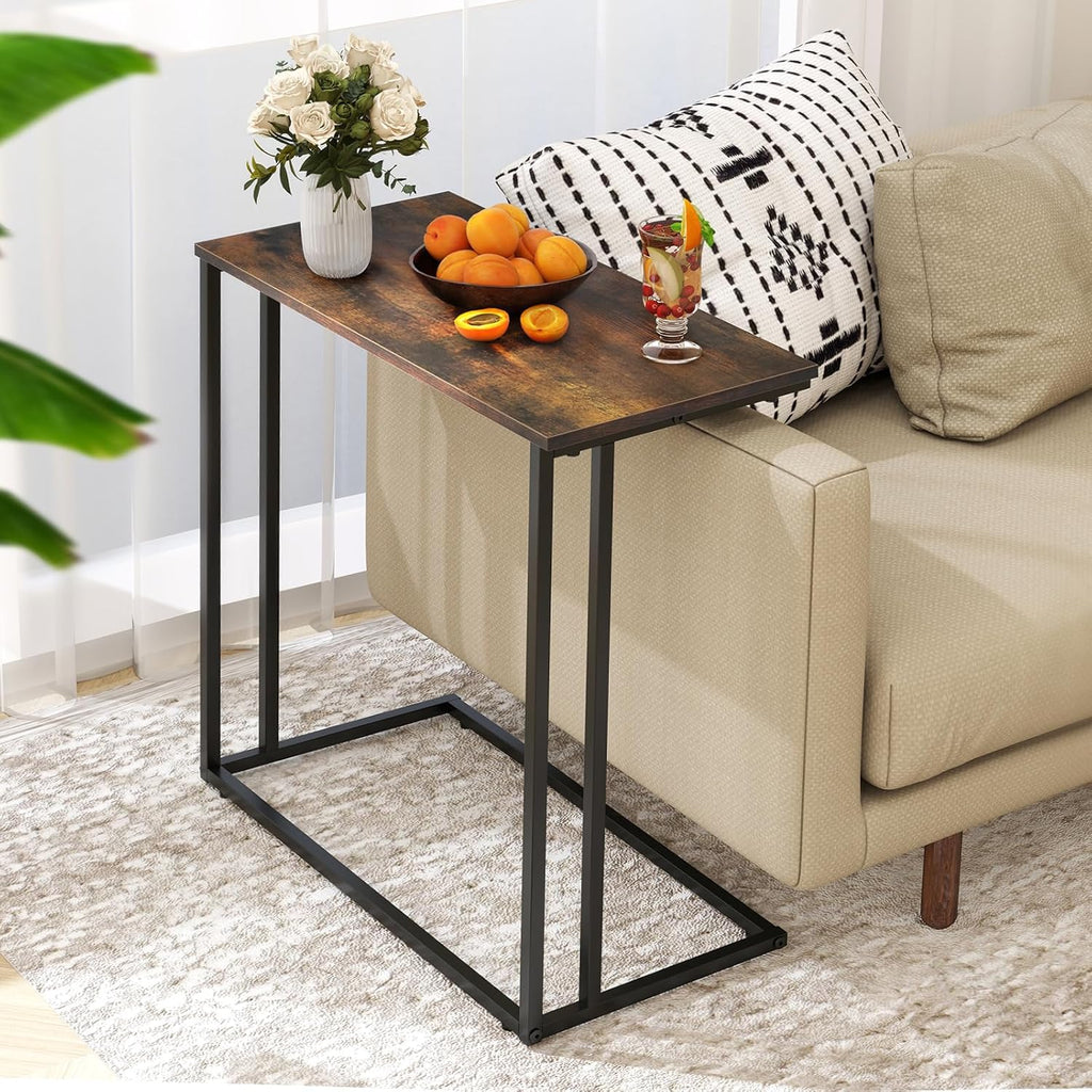 C-Shaped Side Table, Modern End Table with Metal Frame, Space Saving Design for Living Room，Large Surface Couch Table for Bedroom, and Home Office，24 x 12 x 24 inches (Brown)