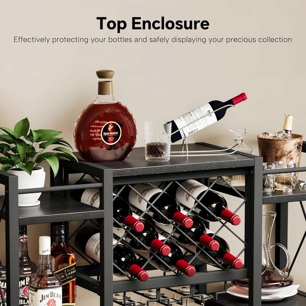 Wall Mounted Wine Rack with Glass Holder, Wood-Metal Retro Bar Shelf, Wine Bottles Display Wall Storage for Kitchen Dining Room Home Bar, Black