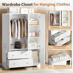 VINGLI Armoire Wardrobe Closet with Doors and Mirror,47"W Wardrobe Cabinet Wooden with Hanging Rod & Shelves Inside, 4 Door Bedroom Armoires with Drawers, Modern White Freestanding Armoire for Bedroom