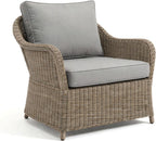 Martha Stewart Lily Pond Indoor-Outdoor Weathered Gray Rattan Wicker Patio Club Chair with All-Weather Gray Back and Seat Cushions, 300 Lb. Static Weight Capacity