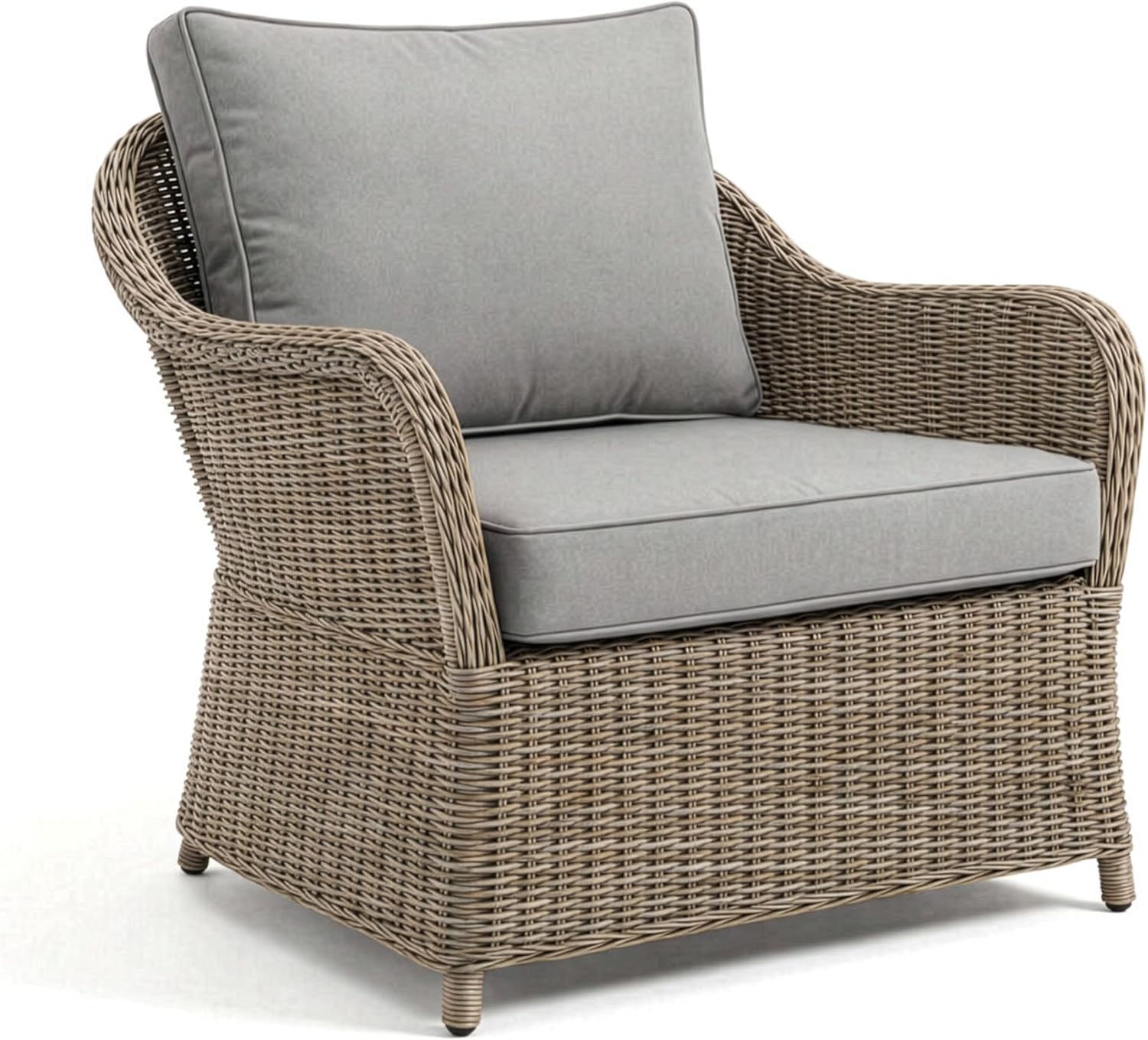 Martha Stewart Lily Pond Indoor-Outdoor Weathered Gray Rattan Wicker Patio Club Chair with All-Weather Gray Back and Seat Cushions, 300 Lb. Static Weight Capacity