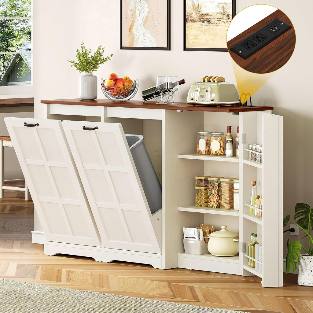 DWVO Rustic Kitchen Island with Power Strip, Farmhouse Kitchen Storage Island with 2 Tilt-Out Doors for 13 Gallon Bins, Adjustable Shelf