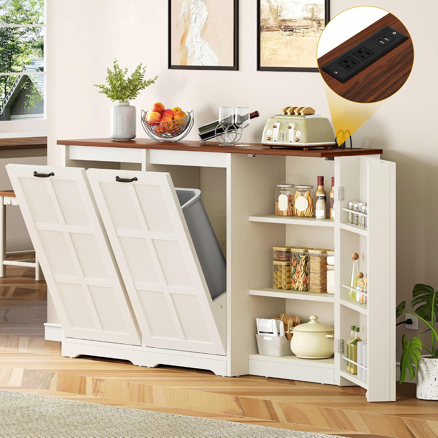 DWVO Rustic Kitchen Island with Power Strip, Farmhouse Kitchen Storage Island with 2 Tilt-Out Doors for 13 Gallon Bins, Adjustable Shelf