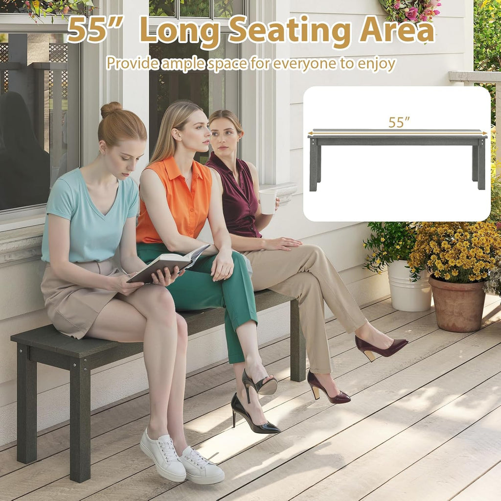 Giantex 55" HDPE Outdoor Bench, 2-3 People Weatherproof Backless Patio Garden Bench with 750 Lbs Capacity, Fade Resistant Outside Seating Furniture, Loveseat for Porch, Yard, Park (1,Grey)