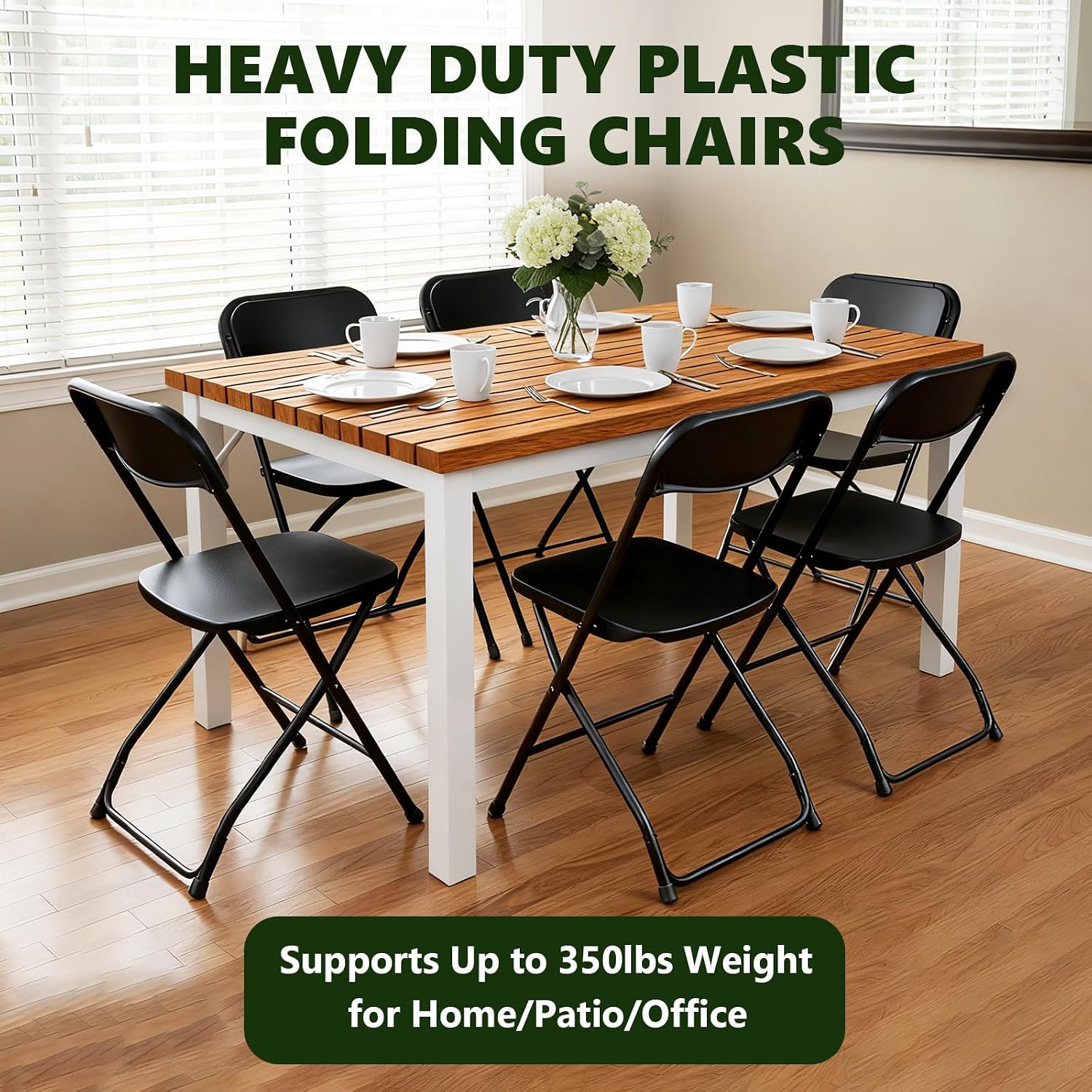 Folding Chairs 4 Pack, Plastic Folding Chairs for Outside, Heavy Duty Foldable Chairs, Sturdy Metal Folding Chairs, 350 lbs Capacity, for Patio, Garden, Camping, Black