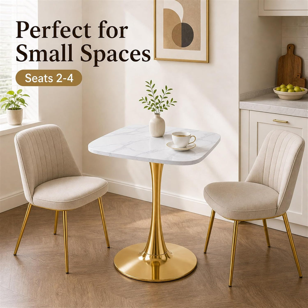 24 Inch Square White Marble-Look Tulip Dining Table for 2–4 with Gold Metal Base – Space Saving Small Apartment Kitchen Table, Pedestal Bistro Table for Breakfast Nook, Cafe, Studio Living (No Chairs)