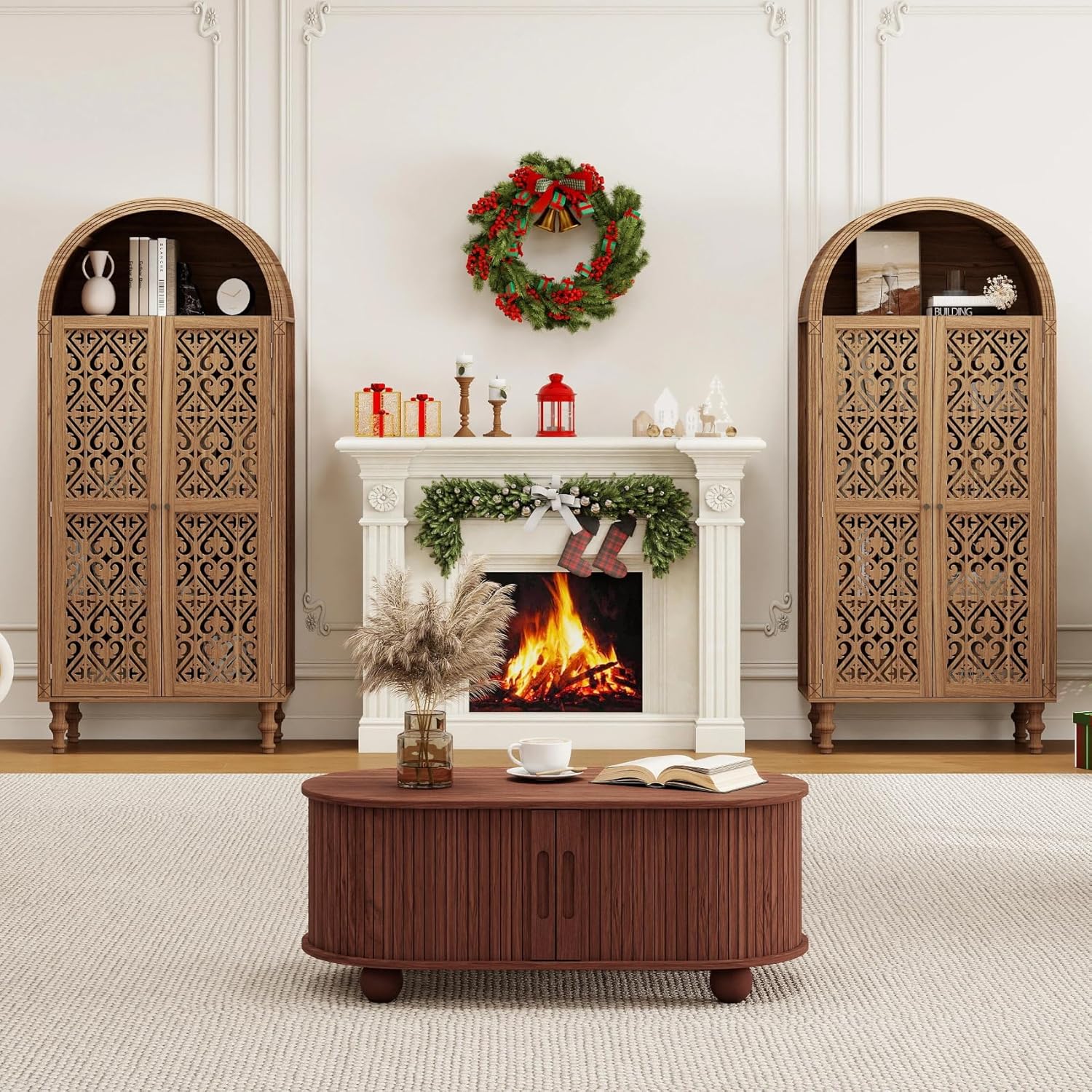 Arched Kitchen Pantry Cabinet,71" Tall Mid-Century Modern Arched Bookcase Vintage Storage Cabinet with Geometric Door and Adjustable Shelves,Bohemian Cupboard for Living Room,Dining Room