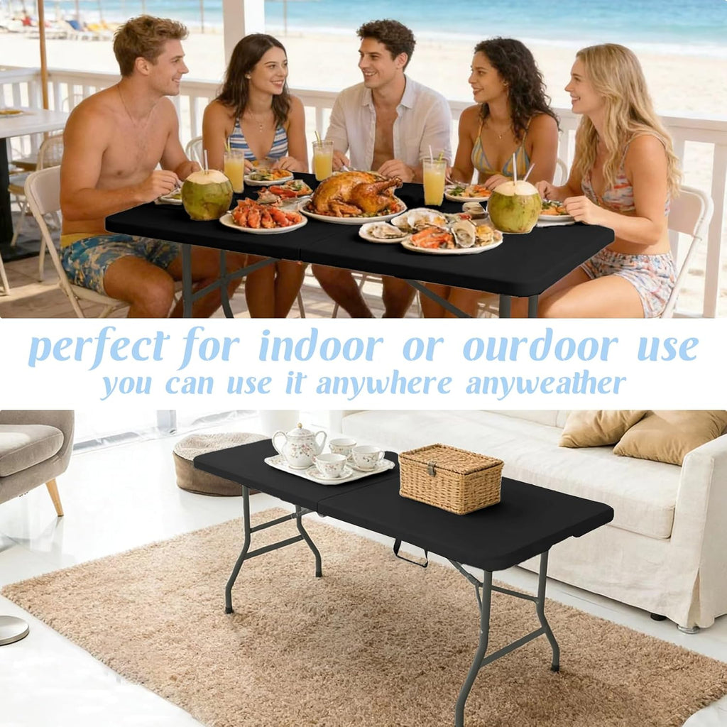 Fivenl 2 Pack 6 Feet Portable Folding Table Black, Steel Legs Fold-in-Half with Carrying Handle Rectangular Plastic Foldable Table for Party, Wedding, Camping, Picnic, Dining, Indoor Outdoor Events