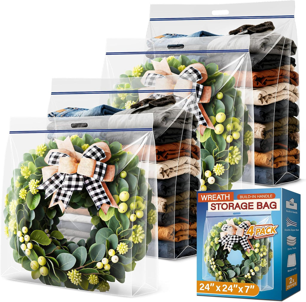 Extra Large Clear Wreath Storage Plastic Bag with Handle For Halloween Summer Christmas Decoration or Clothing Blanket Comforters Bed Sheets Pillows, 4 Pack, 24"x24"x7"