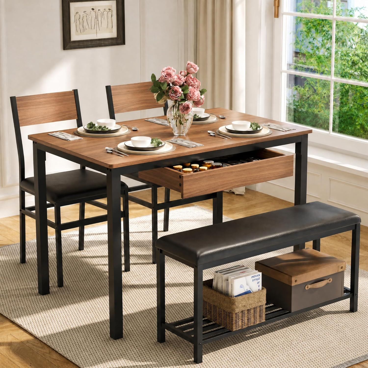 43.3" Dining Table Set for 4 with Drawer Storage, Dining Table with Chairs and Upholstered Bench, Lower Shelf, Space-Saving Wooden Table for Apartment, Kitchen, Dining Room