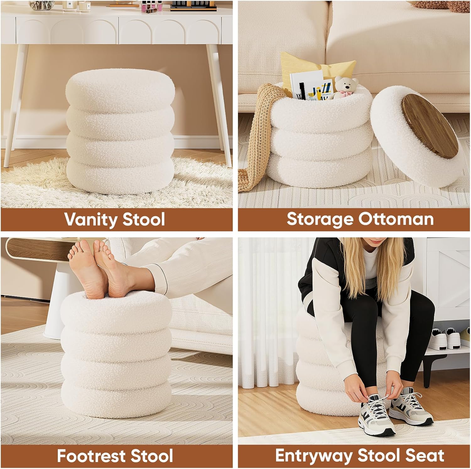 Soft Teddy Round Ottoman with Tray, 17.5 Inches Ottoman Coffee Table with Storage for Living Room, Vanity Stool with Storage Bedroom, Load up to 300 lb, No Assembly Required (White)