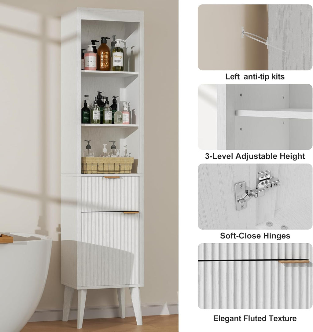 70-Inch Height Storage Cabinet with Fluted Doors, White Freestanding Modern Accent Floor Organizer for Kitchen, Pantry and Bathroom, w/Drawer & Adjustable Shelves
